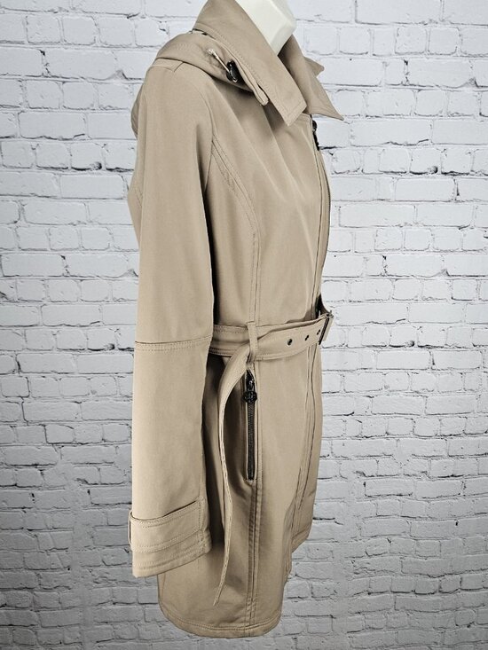 Nicole Miller Tan Leopard Removable Hood Belted Trench Soft Shell Long Coat S - Picture 16 of 16